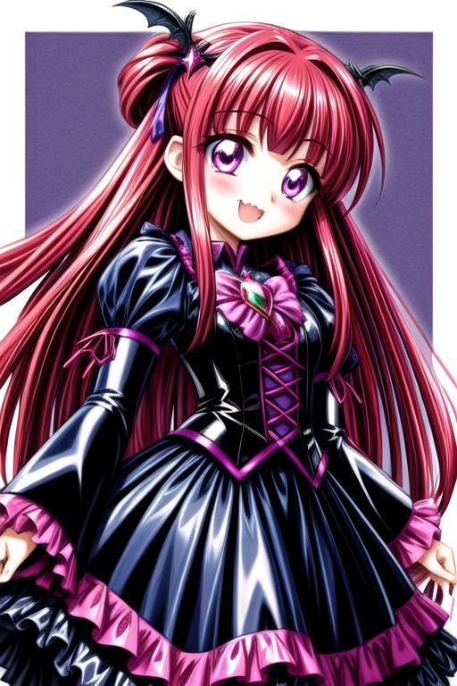 Bad_End_Precure, DarkPrecure, corrupted princess wearing dark pastel (ruffled:1) (gleaming latex:1) gown with (latex vampire cloak:1) and (long frilly wide sleeves), soft lighting, ruffles, (cute little fang:1)
(vmpr:1),
<lora:more_details:1>,
