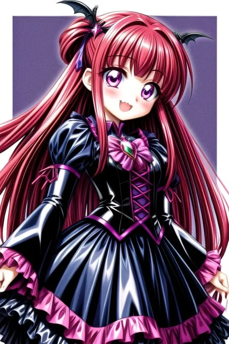 Bad_End_Precure, DarkPrecure, corrupted princess wearing dark pastel (ruffled:1) (gleaming latex:1) gown with (latex vampire cloak:1) and (long frilly wide sleeves), soft lighting, ruffles, (cute little fang:1)
(vmpr:1),
<lora:more_details:1>,