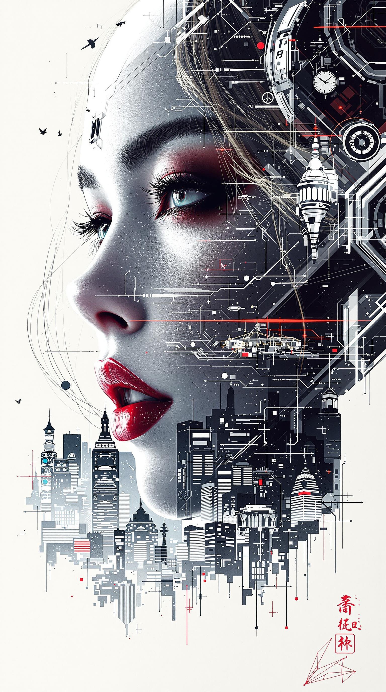 photorealistic poster ink art, Silhouette Art, magnificent, double exposure, crisp lines, sci-fi cityscape below and to side of closeup portrait of stunning japanese female robot, with a ceramic humanoid faceplate, blonde loose hair, dark eyeshadow, red lips, direct gaze