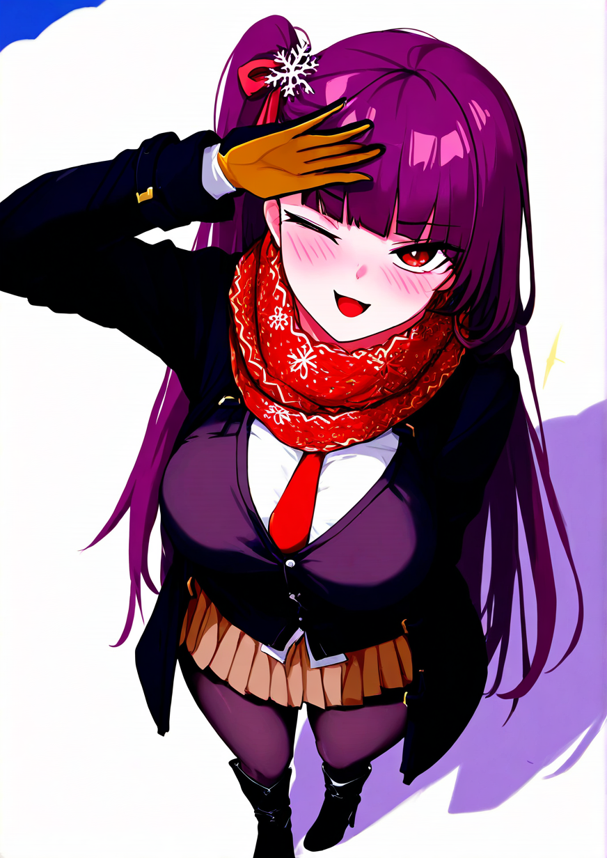 <lora:MaWe:1>,1girl, wa2000 \(date in the snow\) \(girls' frontline\), wa2000 \(girls' frontline\), huge breasts, wide hips, girls' frontline, alternate costume, arm up, belt, black footwear, black gloves, black pantyhose, blazer, blunt bangs, blush, boots, breasts, brown skirt, buckle, coat, eyes visible through hair, from above, gloves, hair ornament, hair ribbon, half-closed eye, hand up, high heel boots, high heels, jacket, knee boots, long hair, looking at viewer, looking to the side, looking up, necktie, official alternate costume, one eye closed, one side up, open clothes, open coat, open mouth, pantyhose, pleated skirt, pocket, purple hair, red eyes, red necktie, red scarf, ribbon, scarf, shading eyes, skirt, sky, smile, snowflake hair ornament, snowflake print, solo, sparkle, standing, strap, tsundere, very long hair, waving, 
animated, dynamic angle,very awa, masterpiece, best quality, highres, absurdes,amazing quality,very aesthetic,intricate details,detailed background, <lora:hand 5.5:1>