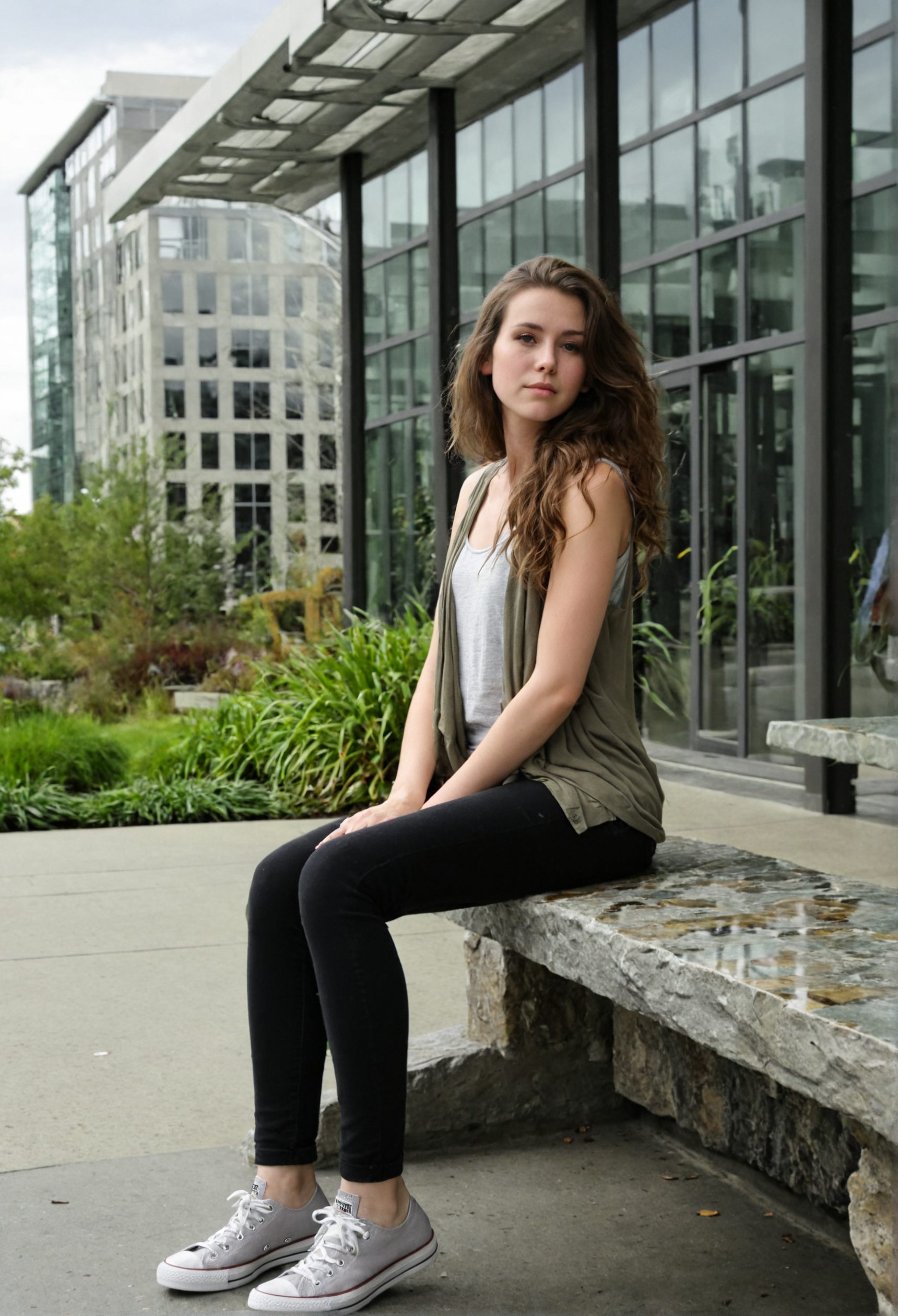 A young woman with long, wavy brown hair sits pensively on a stone bench in an urban plaza. She has fair skin and a slender build, dressed in a light gray tank top and black skinny jeans, with white Converse sneakers. Her expression is contemplative, her gaze directed at the camera. She wears a loose, olive green cardigan draped over her shoulders. The background shows modern architecture, with glass windows reflecting the sky, and a few green plants in the distance, suggesting a city park. The scene is well-lit, likely during the day, enhancing the vividness of her features and the textures of her clothes.