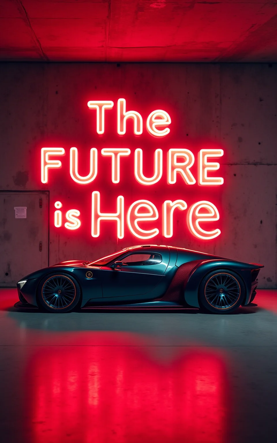 Side view of an YFG-SDE futuristic sportscar in a concrete bunker studio setting. Large bold text in red glowing neon lights that reads "The Future Is Here" is seen on to the back wall directly behind the car.