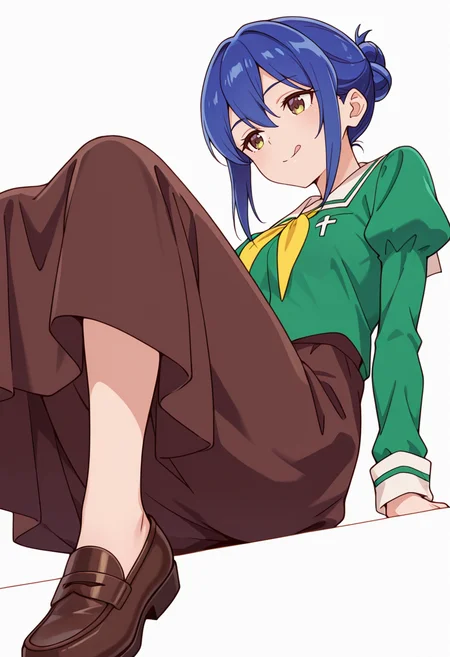 masterpiece,high quality details,absurdres,
kanoko_cnr, 1girl, blue hair,hair between eyes, sidelocks, single hair bun,
kanoko_s1,green shirt,white sailor collar, serafuku,juliet sleeves,long skirt, green dress, loafers,dark-brown skirt, <lora:Mamiya_Kanoko:0.8>, simple background, white background, from below,solo,, :q,
