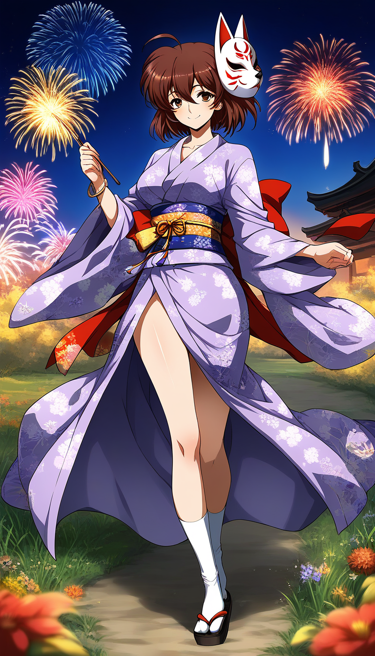 score_9, score_8_up, score_7_up, source_anime, rating_explicit, BREAK  <lora:Freya_Langrisserâ¢_XL:1> Freya, brown hair, brown eyes, short hair, shiny hair, ahoge, bangs, large breasts, hair between eyes,
Freya, 1girl, solo, japanese clothes, kimono, mask, shiny, fox mask, full body, mask on head, collarbone, yukata, tabi, holding, smile, sash, looking at viewer, purple kimono, print kimono, obi, bag, socks, floral print, white socks, closed mouth, standing, fireworks, fish, jewelry, long sleeves, bracelet, wide sleeves, medium breasts, breasts, shiny skin, frills
sky, fantasy world, field,