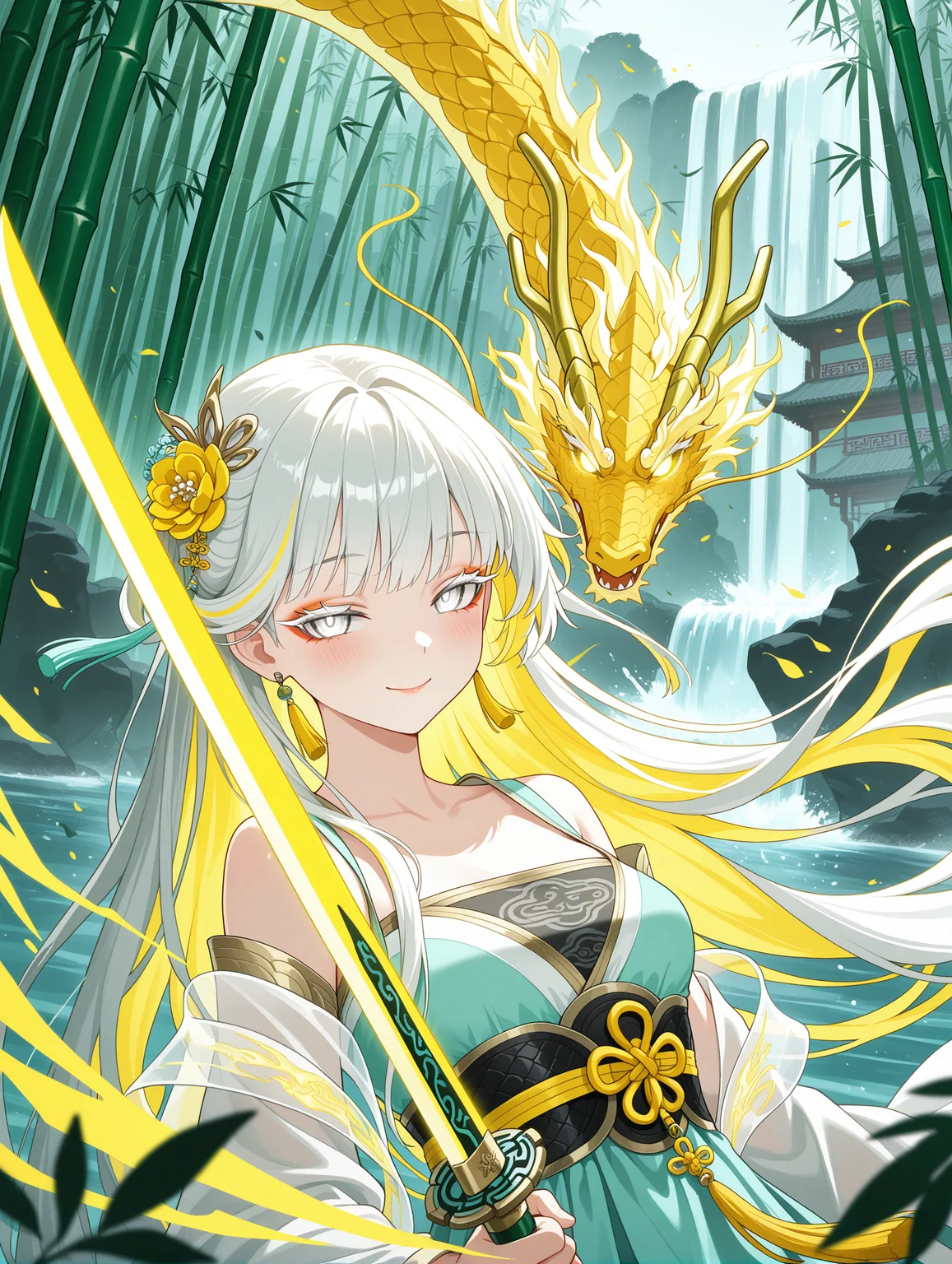 glowing eyes, streaked hair, glowing inner hair, glowing streaks, 1girl, jinhsi \(wuthering_waves\), white hair,blonde_eyes, large_breasts, (upper_body,close-up:1.4),Dynamic pose,串,((aqua and yellow:0.85) but Limited palette:1.2),//,Chinese architecture,Ink,hair flowers,bamboo forest,bamboo,//(long hair),small breasts,smile,((dragon)),Yellow lightning,(makeup,white eyeliner),white eyeshadow,white eyes,(long eyelashes),half-closed eyes,Dragon skirt,blush,holding sword,chinese sword,(dynamic angle:1.2),(hanfu:1.4),chinese clothes,transparent clothes,tassel,chinese knot,bare shoulders,kanzashi,draped silk,gold trim,wind,bokeh,scattered leaves,flying splashes,waterfall,splashed water,looking at viewer,
,masterpiece,best quality,amazing quality,