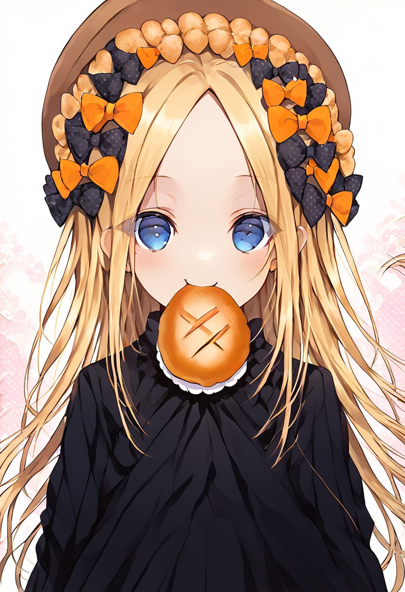 score_9, score_8_up, score_8, score_7_up, 
1girl, solo,
blonde hair, long hair, blue eyes, forehead, sidelocks, parted bangs, hair bow, polka dot bow, orange bow, black dress, long sleeves, sleeves past wrists, sleeves past fingers, bloomers, hat,
polka dots background, smile, eating, bread, loaf, eating, close shot, cute girl, looking at viewer, (cowboy shot:1.1),
cute, kawaii, hearts,