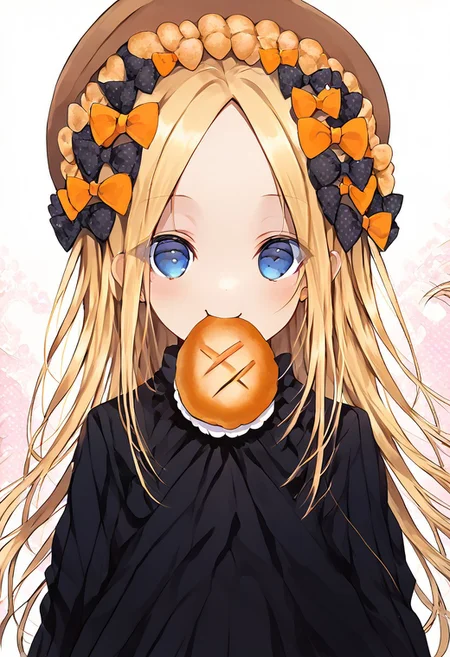 score_9, score_8_up, score_8, score_7_up, 
1girl, solo,
blonde hair, long hair, blue eyes, forehead, sidelocks, parted bangs, hair bow, polka dot bow, orange bow, black dress, long sleeves, sleeves past wrists, sleeves past fingers, bloomers, hat,
polka dots background, smile, eating, bread, loaf, eating, close shot, cute girl, looking at viewer, (cowboy shot:1.1),
cute, kawaii, hearts,
