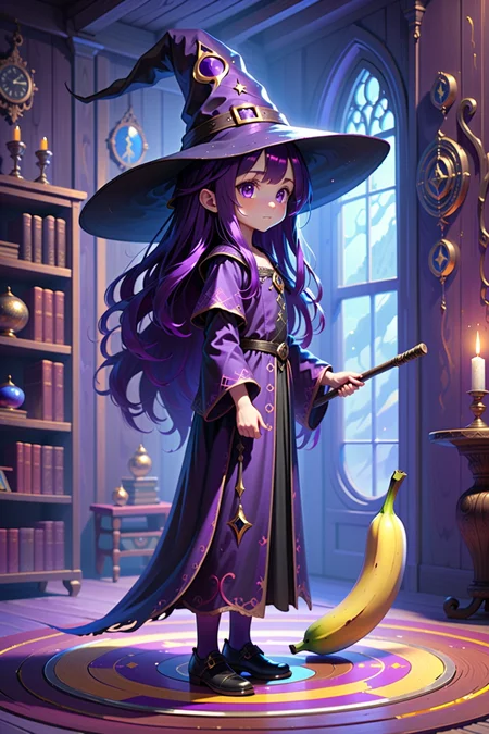 4 years old witch girl, standing, living room, (magic circle on the floor:1.3), side view, long dark purple hair, purple eyes, vertical pupils, big black witch hat, magic staff, banana on the floor,