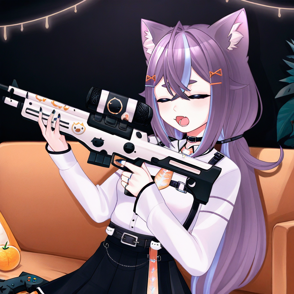 nail polish, upper body, fruit, small breasts, skirt, microphone, virtual youtuber, long hair, couch, cat girl, holding gun, closed eyes, open mouth, controller, hairclip, bangs