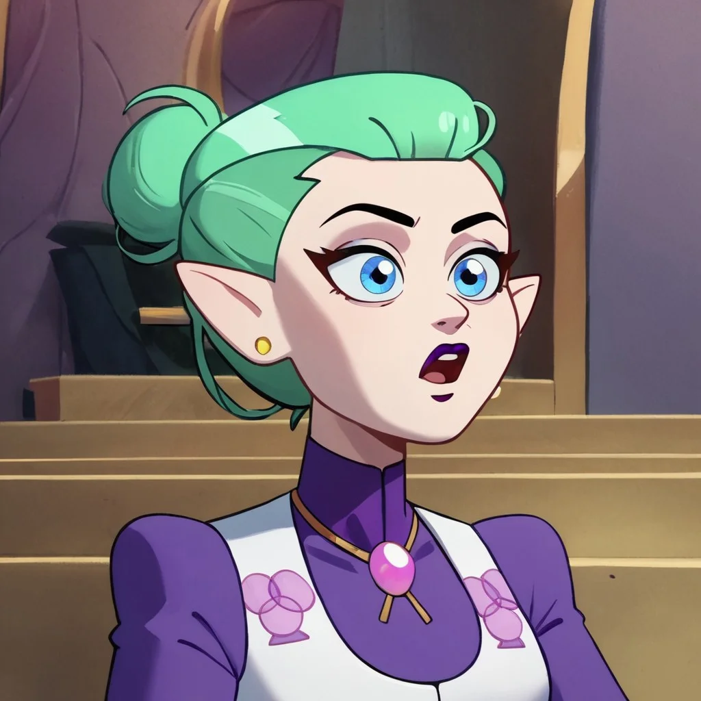 <lora:Odalia_Blight:0.8>, short hair, open mouth, blue eyes, jewelry, upper body, earrings, mint green hair, pointy ears, hair bun, makeup, lipstick, stud earrings, bolo tie, white vest, purple shirt, gold earrings, purple lipstick, single hair bun, sitting,, score_9, score_8_up, score_7_up, cute,