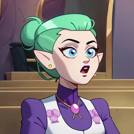 <lora:Odalia_Blight:0.8>, short hair, open mouth, blue eyes, jewelry, upper body, earrings, mint green hair, pointy ears, hair bun, makeup, lipstick, stud earrings, bolo tie, white vest, purple shirt, gold earrings, purple lipstick, single hair bun, sitting,, score_9, score_8_up, score_7_up, cute,