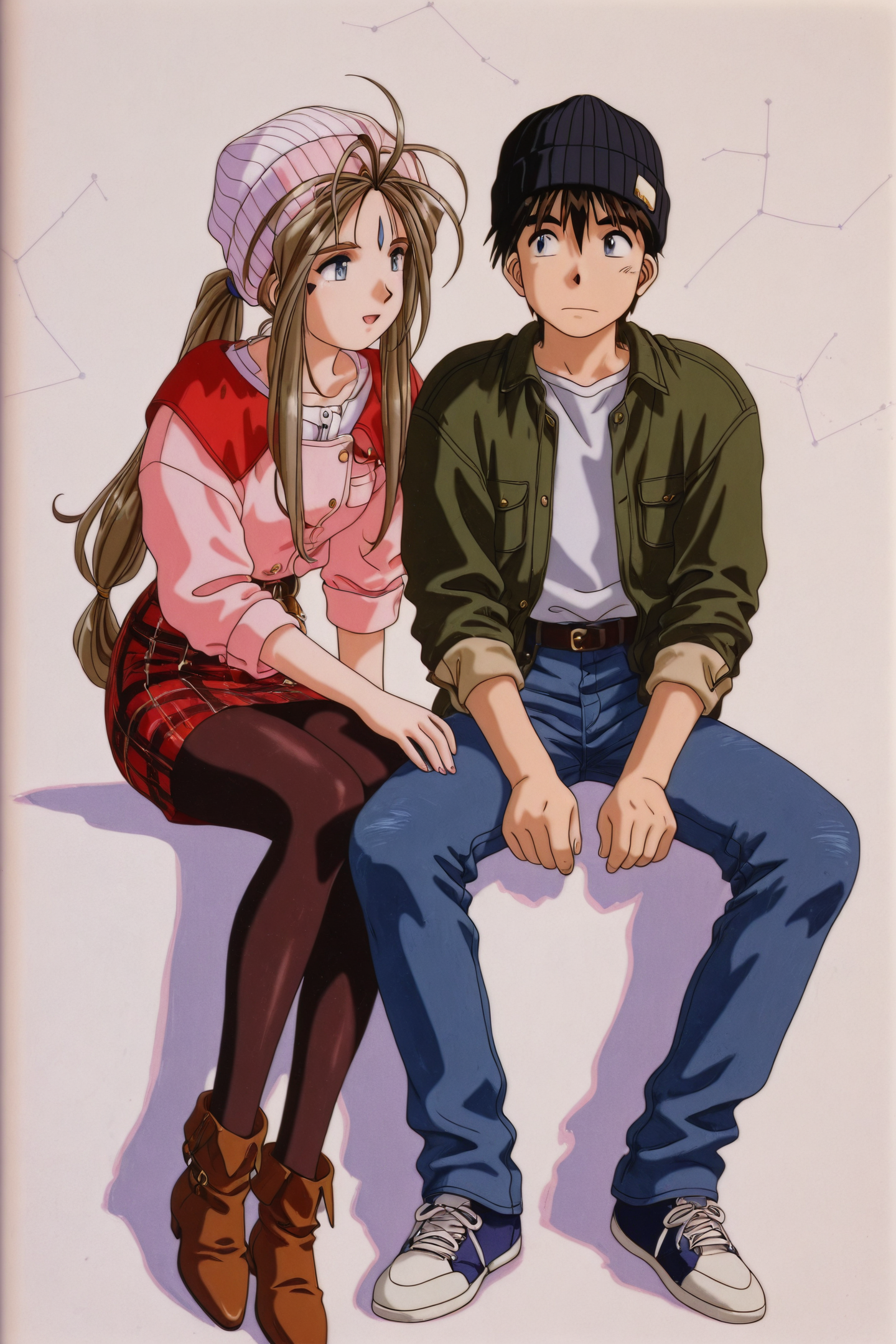 OVA Style,Belldandy,1girl,1boy,Keima Morisato,retro artstyle,1990s \(style\),constellation,brown hair,hat,long hair,facial mark,pantyhose,skirt,forehead mark,plaid,sitting,braid,denim,blue eyes,pants,jeans,beanie,
<lora:Ah! My Goddess_illustriousXL:1.2>,