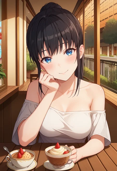 score_9, score_8_up, score_7_up, anime screencap, source_anime, 1girl, solo,
<lora:Airi_Sega_Iya_na_Kao_sare_nagara_Opantsu_Misete_Moraitai_V2:.85>, KJOairi, blue eyes, black hair, ponytail, bangs, sidelocks,
black oversized t-shirt, off shoulders, bare shoulders,
cup, smile, window, looking at viewer, indoors, pov across table, cafe, spoon, sitting, teacup, parfait, food, ice cream, upper body, chair, head tilt, head rest, blush, 
patio, outside, restaurant, wood table, railing, buildings, 
(Beautiful, medium Breasts:1.2),