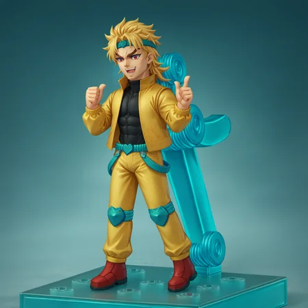 score_9, score_8_up, score_7_up, faux figurine, nendoroid, full body, figure, platform, solo, <lora:Nendoroid_pdxl_Incrs_v1:1>, <lora:DioBrando_pdxl_Incrs_v1:0.8> dioBrando, blonde hair, red eyes, headband, yellow jacket, sleeveless turtleneck leotard, yellow pants, knee pads, pointy footwear, <lora:xl_kono dio da(pony):0.8> dio face, open mouth, smile, thumbs up, 1boy,
