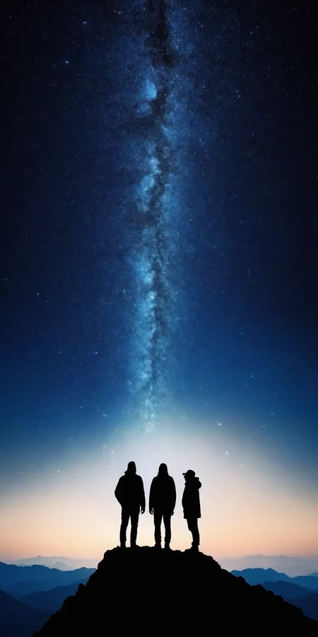 <lora:HMSGåªå½±XL-000001:0.8>,Group of people standing,silhouette,mountain top,starry night sky,mysterious,majestic,surrealism style,high contrast,high definition photography,black and deep blue colors,