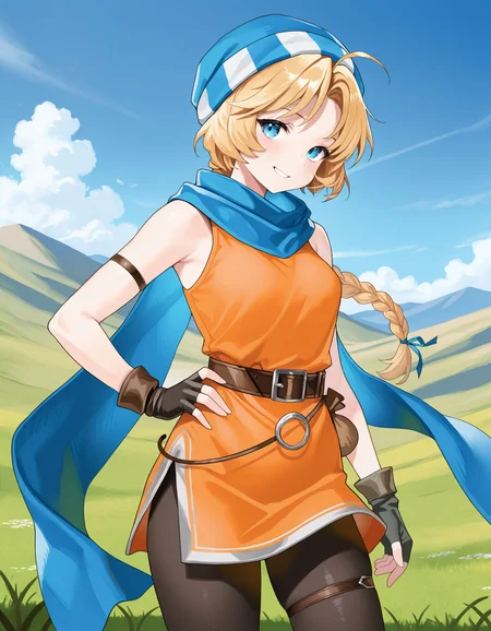 1girl,solo,<lora:patty feh_illustriousXL:0.8>,patty feh,hat,scarf,armband,fingerless gloves,orange dress,belt,belt pouch,pantyhose,thigh strap,cowboy shot,standing,smile,grass,blue sky,looking at viewer,masterpiece,best quality,amazing quality,