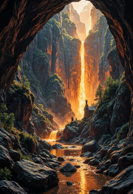 Gothic fantasy picture showing onyx spring overflowing with liquid gold. Set in a cursed cave. With misty lighting strengthening the foreboding setting; selective color scheme with intense crimson details, deep shadows, haunting, darkly whimsical, masterpiece, dynamic angle