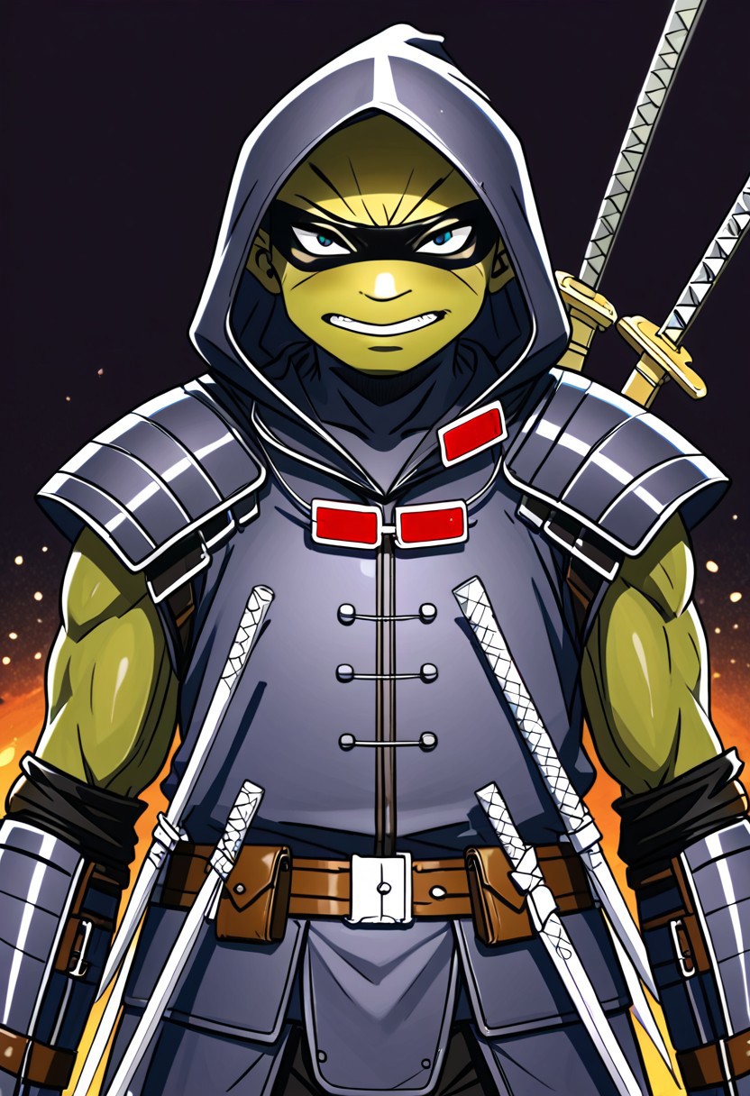 masterpiece, best quality, amazing quality, very aesthetic, high resolution, ultra-detailed, absurdres, newest, Lofi anime style, soft anime art, kawaii elf, Painted anime illustration, tmnt the last ronin, the last ronin, tmnt, hood, sai, swords, nunchaku, ninja turtle, bo staff, ninja armor