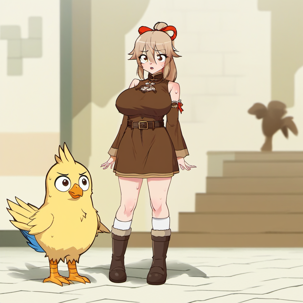 1girl, chobi, chocobo, lisa pacifist, morikubo nono, huge breast, animal, bare shoulders, belt, belt buckle, bird, boots, brown belt, brown dress, brown eyes, brown footwear, brown sleeves, buckle, cosplay, detached sleeves, dress, 0_0, full body, hair between eyes, hair ribbon, hand up, kneehighs, light brown hair, lisa pacifist (cosplay), long hair, long sleeves, parted lips, ponytail, red ribbon, ribbon, sleeveless, sleeveless dress, socks, solo, standing, sweat, white socks,