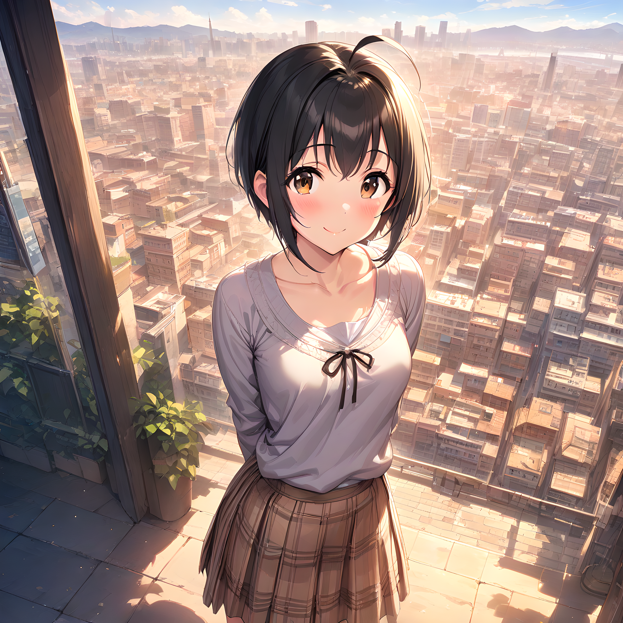 (masterpiece),(best quality),(ultra-detailed),(best illustration),(best shadow),(absurdres),(detailed background),(very aesthetic),  miho kohinata, 1girl, solo, ahoge, black hair, smile, short hair, brown eyes, skirt, looking at viewer,city background, arms behind back, collarbone, bow, blush <lora:Miho_Kohinata:1>