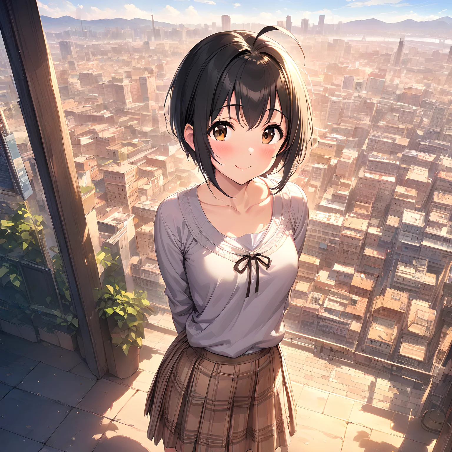(masterpiece),(best quality),(ultra-detailed),(best illustration),(best shadow),(absurdres),(detailed background),(very aesthetic), miho kohinata, 1girl, solo, ahoge, black hair, smile, short hair, brown eyes, skirt, looking at viewer,city background, arms behind back, collarbone, bow, blush <lora:Miho_Kohinata:1>