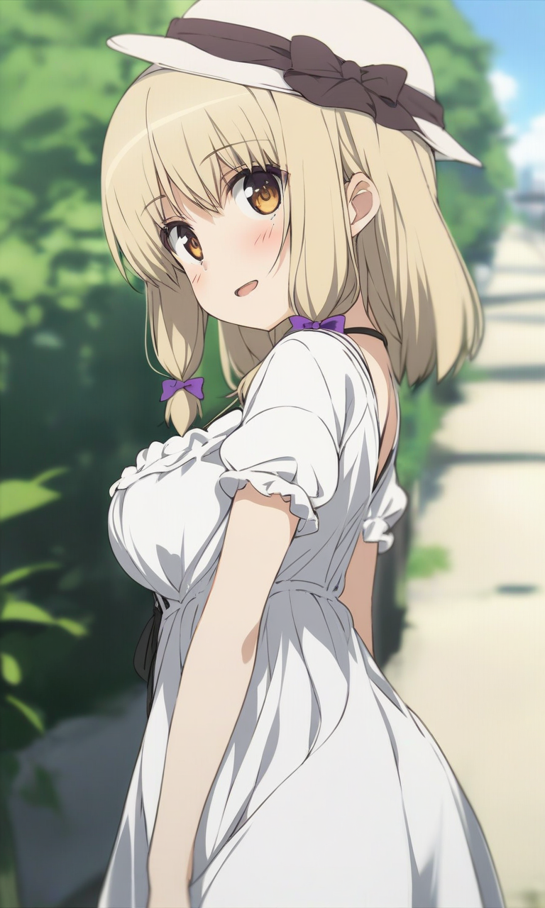 masterpiece, best quality, by ogipote, BREAK
solo, kujoufumi, big breasts, 
dress, white dress, casual, hat, 
looking at viewer, blush, happy, 
outdoors, from side, 
<lora:KujouFumi_XL:1>
