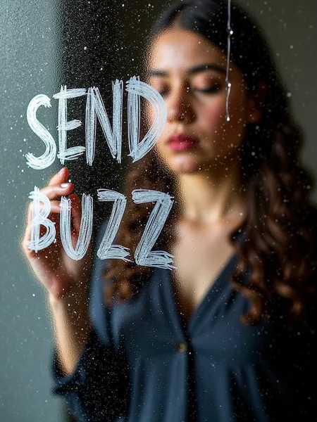 frostedglass, woman drawing a "SEND BUZZ" dripping wet