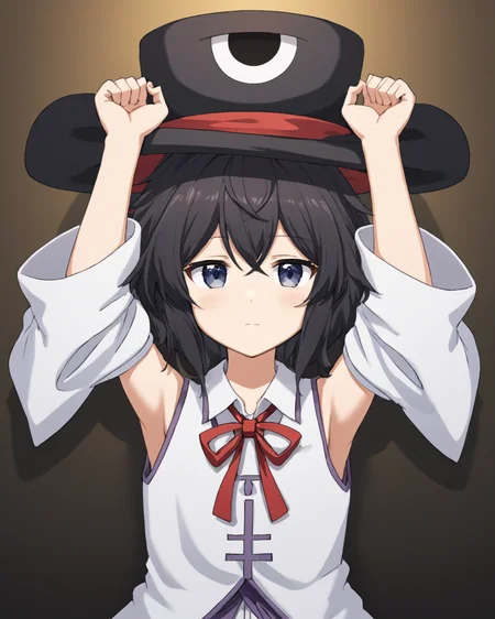 enraku tsubakura,androgynous, red_ribbon, solo, top_hat, 1other, large_hat, detached_sleeves, neck_ribbon, bow, sleeveless_coat, japanese_clothes, white_sleeves, sleeveless, expressionless, vest, arms_up, coat, arms_behind_head, white_shirt, closed_mouth, white_pupils
<lora:enraku_tsubakura_image217_fp16_2024-01-03:1>,star-shaped_pupils,symbol-shaped_pupils,. gorgeous,key visual, vibrant, studio anime,award-winning, professional, highly detailed,high budget, cinemascope