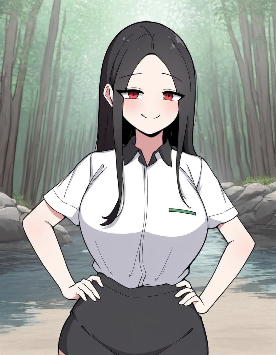 masterpiece, best quality, newest, absurdres, highres, safe,, <lora:yoo-jae-kyung-manhwa-illustriousxl-lora-nochekaiser:1>, yoo jae-kyung, long hair, large breasts, black hair, red eyes, forehead,, skirt, shirt, white shirt, short sleeves, collared shirt, black skirt, pencil skirt, office lady,, stream, water, rocks, flow, forest, smile, smug, hands on own hip, looking at viewer, solo,, cowboy shot, solo