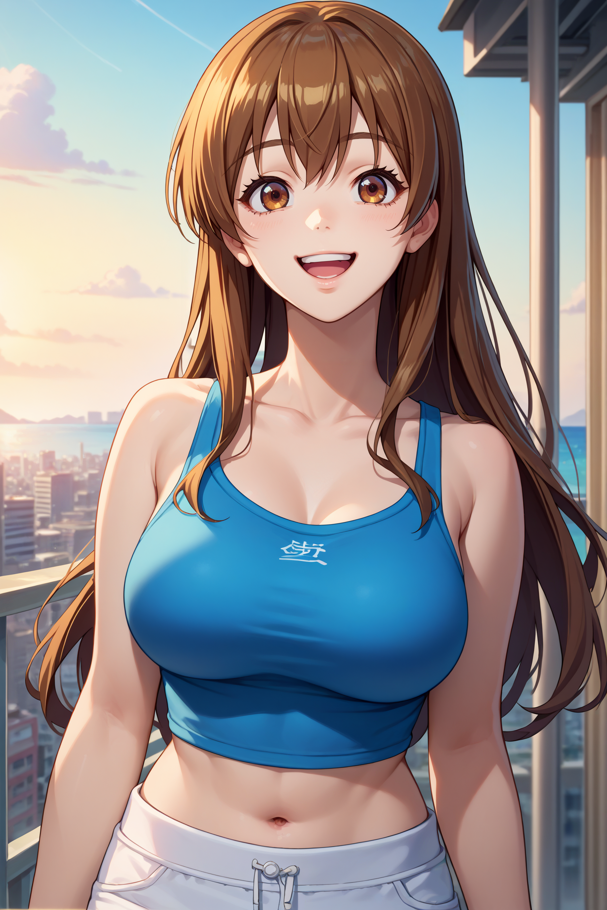score_9, score_8_up, score_7_up, score_6_up, source_anime, 1girl, solo  <lora:kotegawananaka-pdxl-nvwls-v1-000006:1> gbnan, brown hair, brown eyes, long hair, large breasts, blue tank top, white shorts, city, navel, upper body, looking at you, happy, blue sky, ocean, seaside, wide shot, city, portrait