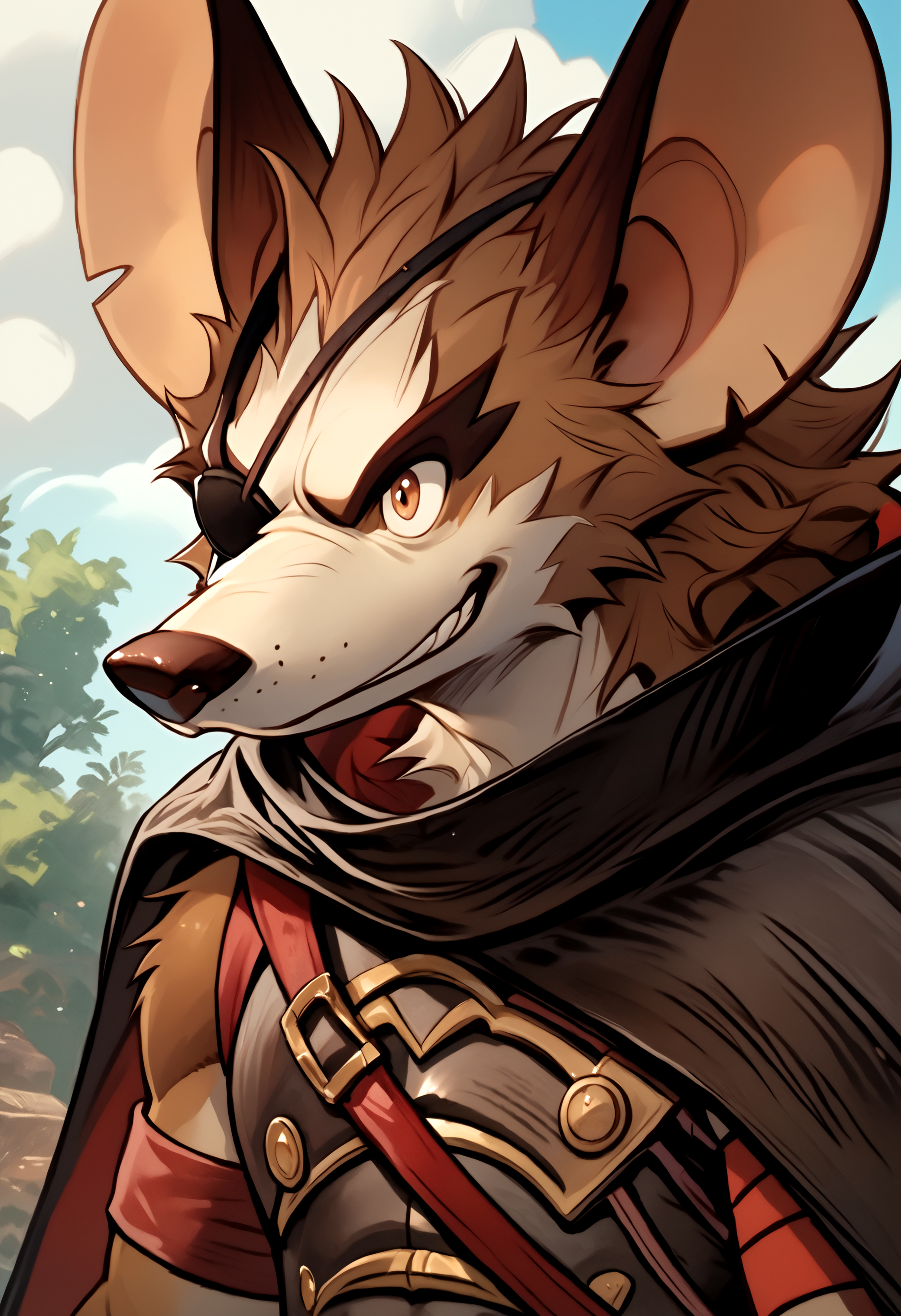 score_9, score_8_up, score_7_up,8k, detailed design, detailed background, detailed characters, masterpiece, anthro only, furry only, 1boy, solo,  <lora:VurkAFK_Arena-000001>, vurk, rat boy, furry male, brown fur, eyepatch, gold tooth, cape, armband, gloves, close up,  outside,