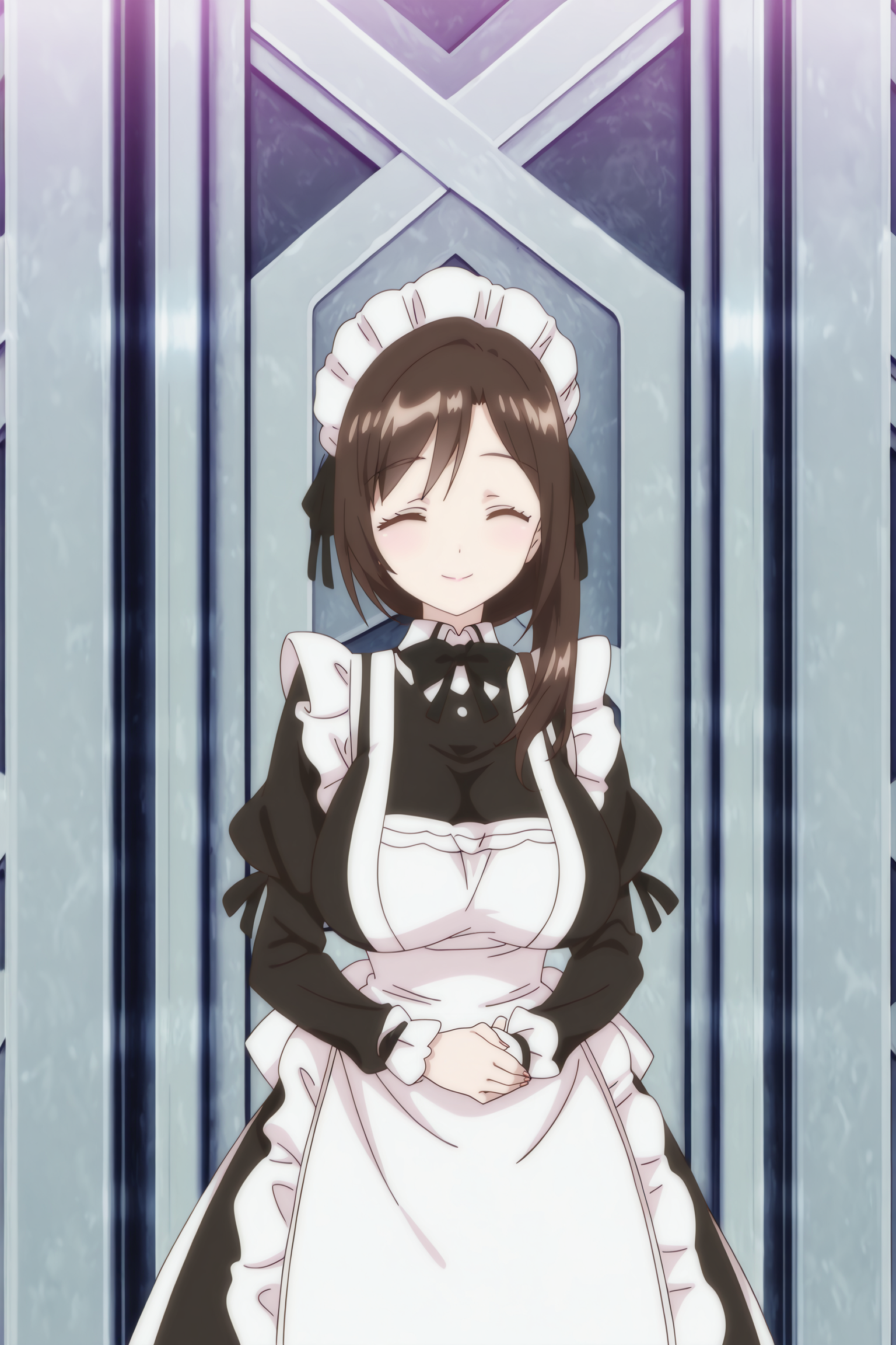 anime screencap, anime coloring, detailed face, masterpiece, best quality, very aesthetic, absurdres, volumetric lighting, official style, amazing quality, ultra detailed, highres, amazing quality, scenery, beautiful detailed hair, beautiful detailed eyes,<lora:StS-Illustrious-Detail-Slider-v1.0:4>
 <lora:Reiana_and_Diana_Tsunpuri:1>
in a fancy mansion,
Diana (character), 1girl, solo, closed eyes, breasts, maid headdress, maid, apron, brown hair, large breasts, brown eyes, long sleeves, own hands together, dress, juliet sleeves, long hair, facing viewer, elegant smile, cowboy shot