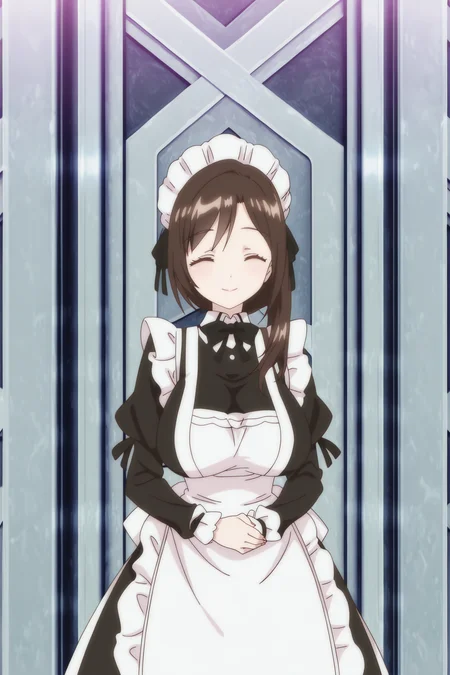 anime screencap, anime coloring, detailed face, masterpiece, best quality, very aesthetic, absurdres, volumetric lighting, official style, amazing quality, ultra detailed, highres, amazing quality, scenery, beautiful detailed hair, beautiful detailed eyes,<lora:StS-Illustrious-Detail-Slider-v1.0:4>
<lora:Reiana_and_Diana_Tsunpuri:1>
in a fancy mansion,
Diana (character), 1girl, solo, closed eyes, breasts, maid headdress, maid, apron, brown hair, large breasts, brown eyes, long sleeves, own hands together, dress, juliet sleeves, long hair, facing viewer, elegant smile, cowboy shot