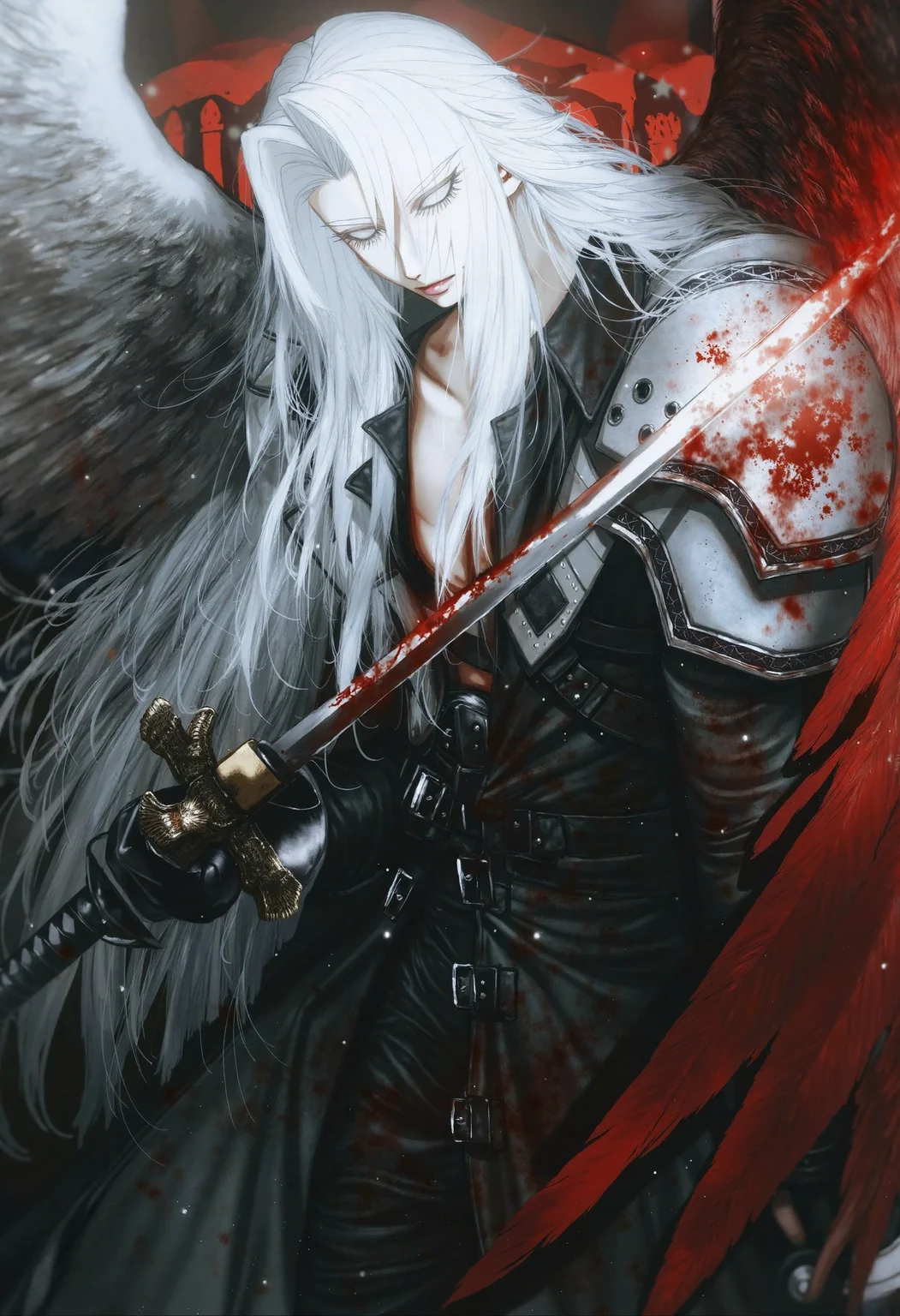 Prompt: ((au_(d_elete))),masterpiece, best quality, 
dissidia_final_fantasy,final_fantasy,final_fantasy_vii,sephiroth,highres,1boy,androgynous,angel_wings,armor,bead_bracelet,beads,bishounen,black_coat,black_gloves,black_wings,bracelet,chest_strap,claws,coat,expressionless,fingernails,gloves,high_collar,holding,holding_sword,holding_weapon,jewelry,katana,long_bangs,long_coat,long_hair,long_sleeves,looking_at_viewer,male_focus,materia,open_clothes,open_coat,ornate_clothes,parted_bangs,pauldrons,sharp_fingernails,shoulder_armor,single_wing,solo,sword,very_long_hair,weapon,white_hair,wings,beautiful, crazy, blood, wounds, hurt, bloody clothes, bloody sunset, gloomy, gothic, skull, fallen candelabrum, red theme, church, ,
Negative prompt: bad anatomy, bad proportions, extra limbs, extra digit, extra legs, extra legs and arms, disfigured, missing arms, too many fingers, fused fingers, missing fingers, unclear eyes, watermark, username, furry, nail polish, nail, multicolored nails, mammal,anthro,furry,ambiguous_form,feral,semi-anthro,	speech bubble,simple background,
Steps: 25,
Sampler: Euler,
KSampler: euler,
Schedule: normal,
CFG scale: 4.5,
Guidance: 3.5,
Seed: 2647788899,
Size: 832x1216,
VAE: Automatic,
Denoising strength: 0.2,
Clip skip: 2,
Model: noobaiXLNAIXL_vPred05Version,
Hires resize: 1248x1824,
Hires steps: 20,
Hires upscaler: 4x-AnimeSharp