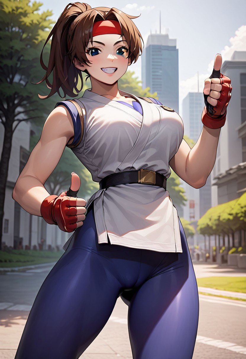 ,score_9, score_8_up, score_7_up, best quality, masterpiece, rating_explicit, BREAK, smile, thumbs up, looking at viewer, cowboy shot, 
Yurisakaz, 1girl, black eyes, brown hair, ponytail, long hair, headband, white dougi, blue spandex, black belt, fingerless gloves, sleeveless, red sneakers,