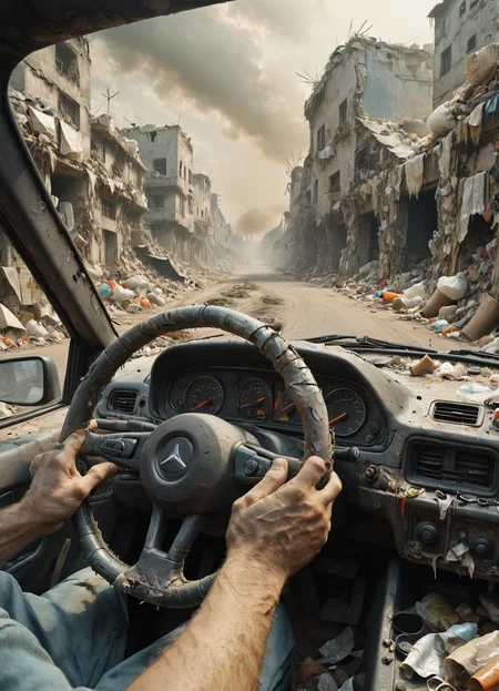 view from the driver's seat, pov fpov, side shot, hands on the steering wheel, road, mad-garbage, High detail RAW color Photo, 8k , <lora:Garbage_SDXL:0.7> <lora:The_Dark_Side_of_the_Earth:0.8>