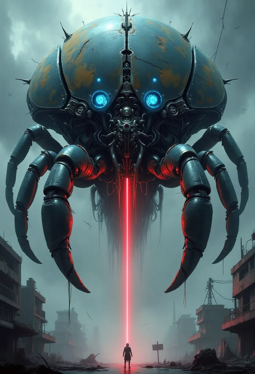 yfg-bgy a colossal, bio-mechanical crab-like creature dominates the frame, its segmented shell a patchwork of metallic plates and intricate details. glowing blue lights accent its head, which features small antennae. thick, segmented legs with sharp claws support the massive body. a red beam descends from its underside, illuminating a lone figure below. the background depicts a decaying urban landscape with crumbling buildings and a stormy sky. the image blends science fiction and dark fantasy, scale, and an ominous atmosphere.