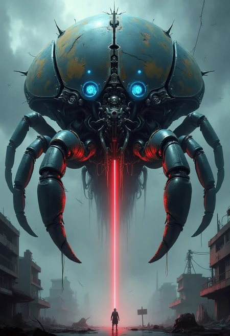 yfg-bgy a colossal, bio-mechanical crab-like creature dominates the frame, its segmented shell a patchwork of metallic plates and intricate details. glowing blue lights accent its head, which features small antennae. thick, segmented legs with sharp claws support the massive body. a red beam descends from its underside, illuminating a lone figure below. the background depicts a decaying urban landscape with crumbling buildings and a stormy sky. the image blends science fiction and dark fantasy, scale, and an ominous atmosphere.
