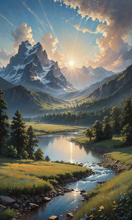 A beautiful landscape painting of an open field in summer, by John Berkey |"A majestic blue sky with clouds and a very beautiful cloud. The river is clear that you can see the mountains below. A white sun on top of the mountain peak above the trees at sunset dramatic sky lighting, oil painted by Raphael Lacoste and Greg Rutkowski, trending on ArtStation <lora:Fast:0.69>