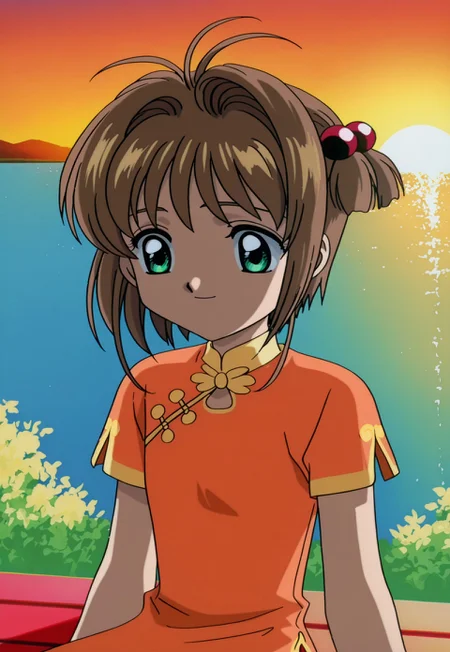 on-model, accurate art style, anime screencap, anime coloring, show accurate, cartoon screencap, movie accurate, official screencap, style parody, flat colors, official art, proper proportions, extremely detailed, newest, 2024, BREAK, 1girl, CCS_Sakura, kinomoto sakura, brown hair, short hair, bangs, antenna hair, hair intakes, green eyes,  dress, chinese clothes, orange dress, short sleeves, china dress, hair ornament, blue hair bobbles, sitting down, relaxing, smiling, BREAK, detailed background, outdoors, zen garden, sunset, BREAK, POV, cowboy shot, BREAK, vibrant colors, cinematic lighting, 75% soft lighting, 25% dark lighting, cardcaptor sakura movie 1