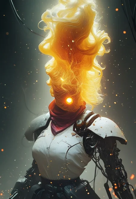 Upper Body Shot, score_9, score_8_up, score_7_up, score_6_up, Woman, fight stance, carrying Large gun, vibrant amber burning-head Ethereal Hair, Green meadow, scotland, vintage, cozy atmospheric light, shiny silver knightess Armor, single pauldron, photorealistic, Photo, masterpiece, high Quality, hyper detailed, volumetric lighting, , reelmech, mechanical parts, cable, wires, machinery, joints, Closeup Portrait, floating particles, deep blacks, high contrast,