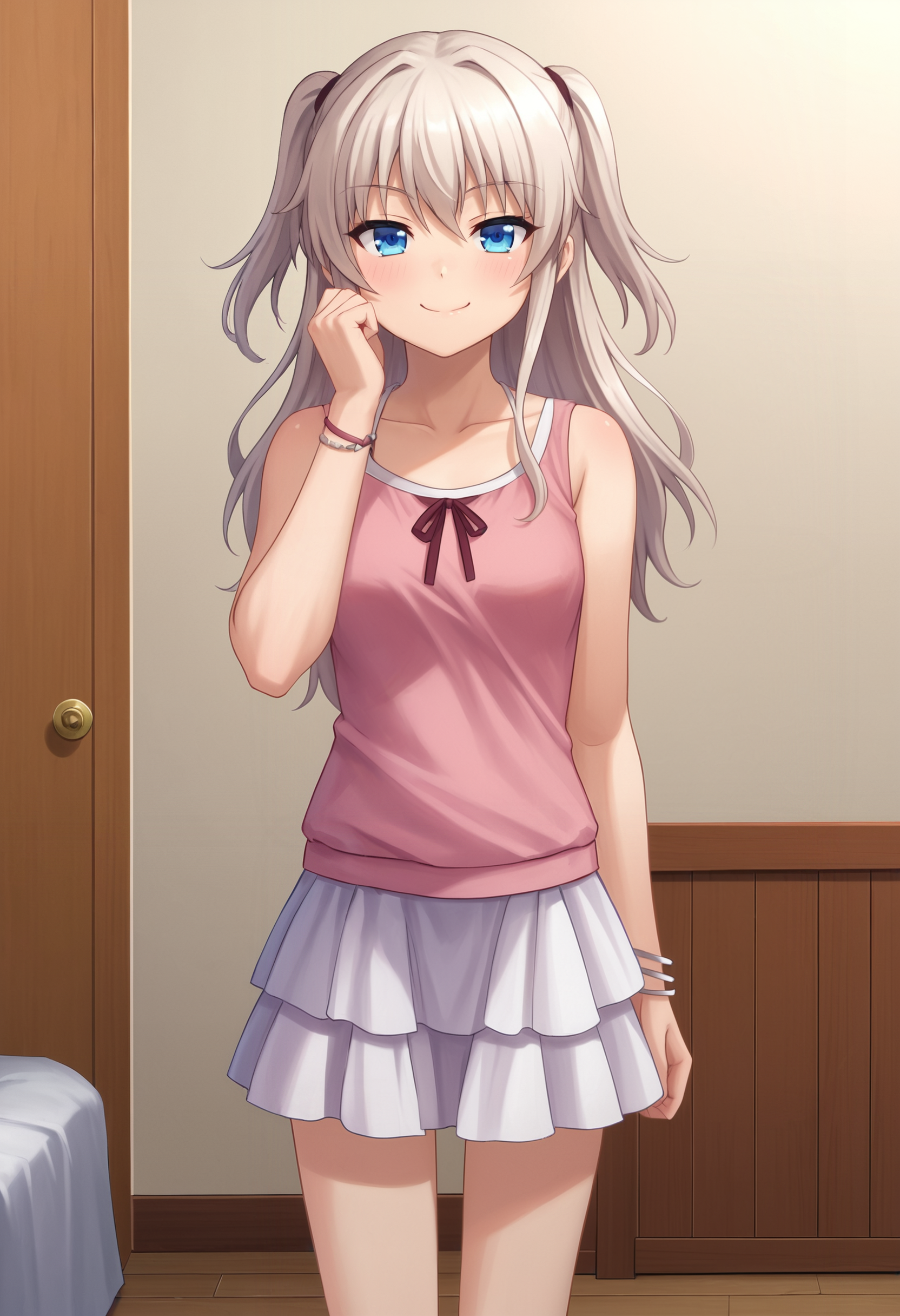 zPDXL, source_anime, cowboy shot,  BREAK
tomori nao, two side up, 
closed mouth, naughty face,
standing,
indoors   <lora:nao-ponyxl-kohya-006:0.6>