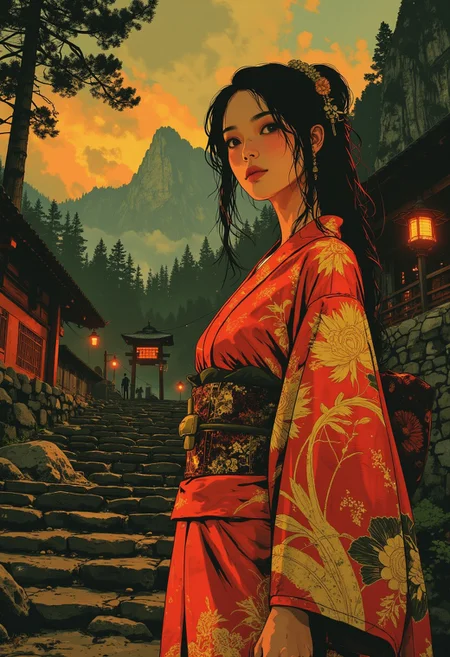 in the style of cksc, Stunning Japanese woman (long hair, sidelocks, hair ornament, red and gold silk kimono, obi) standing at the base of a flight of steps leading up to a shinto shrine, in front of wooded mountains, sunset, faint mist