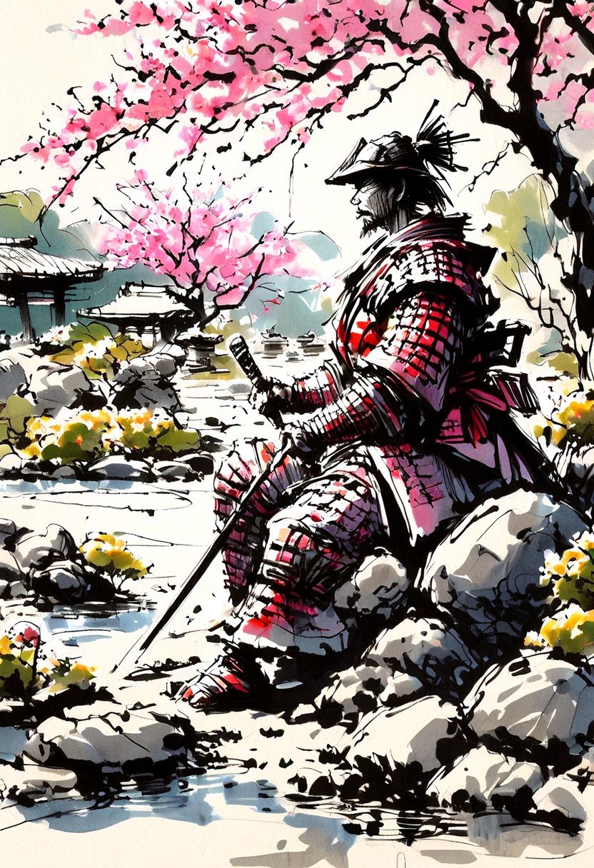 inksketch,
Japanese Samurai warrior in armor, zen garden, spring, sunshine, sakura, meditation, stream, rock garden,