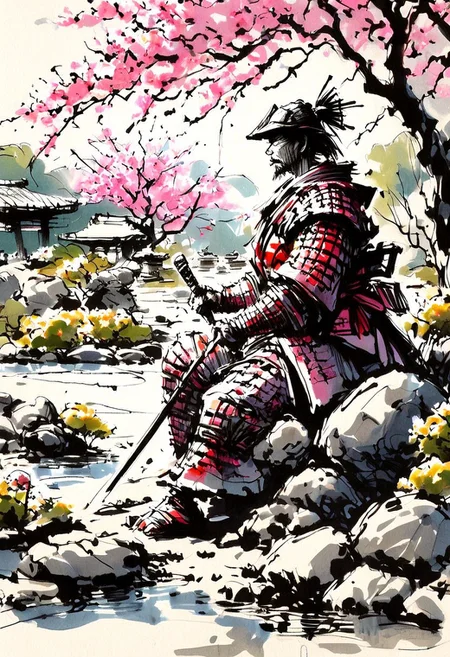 inksketch,
Japanese Samurai warrior in armor, zen garden, spring, sunshine, sakura, meditation, stream, rock garden,