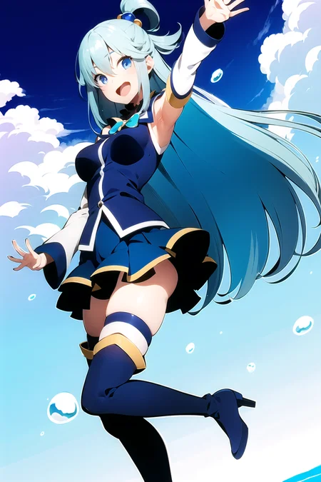 aqua \(konosuba\),
1girl, blue eyes, blue footwear, blue hair, blue thighhighs, blush, boots, breasts, bubble, detached sleeves, hair ornament, hair rings, leg up, long hair, looking at viewer, medium breasts, open hand, single hair ring, skirt, smile, solo, standing, standing on one leg, thigh boots, thighhighs, very long hair, water, white thighhighs,
kono subarashii sekai ni shukufuku wo!,
<lora:aqua_konosuba-000035:0.6>