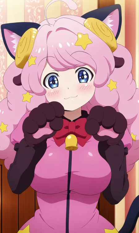 masterpiece, best quality, curvy, beautiful eyes, zzmoa, masterpiece, best quality, curvy, beautiful eyes, zzmoa, 1girl, solo, looking at viewer, hand up, animal hands, paw gloves, pink hair, blue eyes, hair ornament, gloves, cat paws, kemonomimi mode, paw pose, :3, long hair, ahoge, star \(symbol\), sheep horns, cat ears, horns, star hair ornament, blush, animal ears, cat tail, bow, bell, red bow, upper body, anime coloring, parody, bowtie, puffy sleeves, sheep girl, portrait, closed mouth, red bowtie, neck bell, short sleeves, shirt,