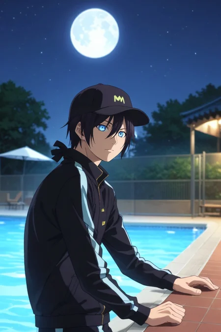 score_9, score_8_up, score_7_up, , rating_safe, intricate details, (realistic:0.6), , depth of field, 1boy, solo, male focus, <lora:yato_noragami_pony:0.96>, yato_noragami, black hair, blue eyes, short hair, hair between eyes, , rule of thirds, pool, night, full moon, looking back, laughing, tracksuit, baseball cap, <lora:sdxl_lightning_8step_lora:1>