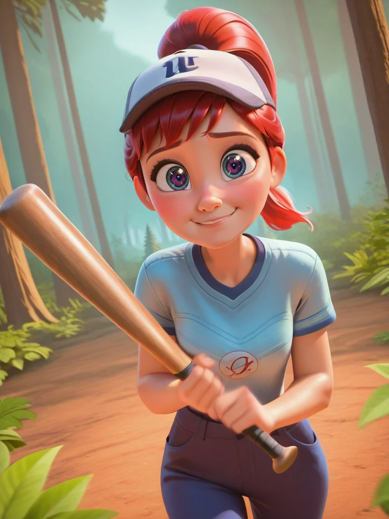 DisneyStudioXL, cinematic, cartoon,
1girl holding a baseball bat, cap, red hair, ponytail, looking at viewer, dynamic angle, cowboy shot, smile, blush, sparkling eyes, magic vibes, bangs, floating hair, outdoors, vegetation, trees, motion blur, upset,
<lora:DisneyStudios_style-12IL:1>
