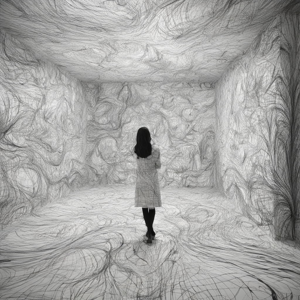 a woman in the unreal room, black and white line  <lora:neg4all_bdsqlsz_xl_V6:1>   <lora:SDXL_black_and_white_line_Sa_May:1>